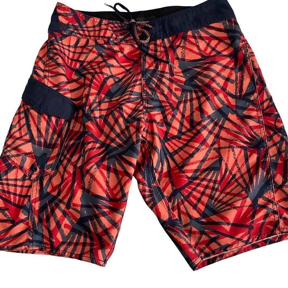 EUC! Volcom Board Shorts Red Black Print - Size 29